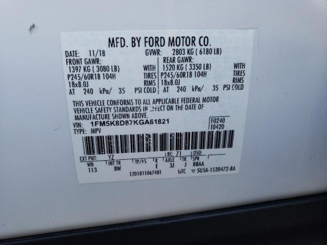 1FM5K8D87KGA61821 - 2019 FORD EXPLORER XLT WHITE photo 14