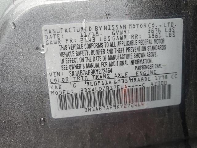 3N1AB7AP9KY272464 - 2019 NISSAN SENTRA S GRAY photo 12