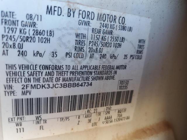 2FMDK3JC3BBB64734 - 2011 FORD EDGE SEL WHITE photo 12