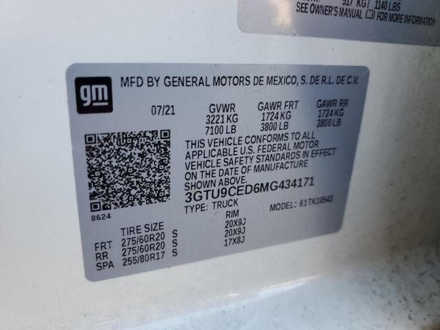 3GTU9CED6MG434171 - 2021 GMC SIERRA K1500 ELEVATION WHITE photo 12