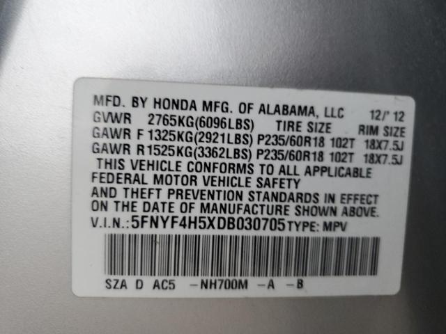 5FNYF4H5XDB030705 - 2013 HONDA PILOT EXL SILVER photo 13