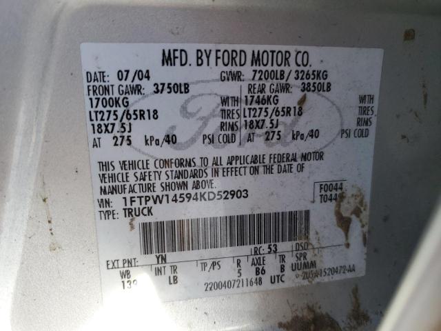 1FTPW14594KD52903 - 2004 FORD F150 SUPERCREW GRAY photo 12