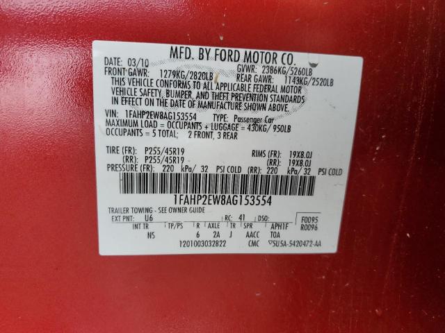 1FAHP2EW8AG153554 - 2010 FORD TAURUS SEL RED photo 12