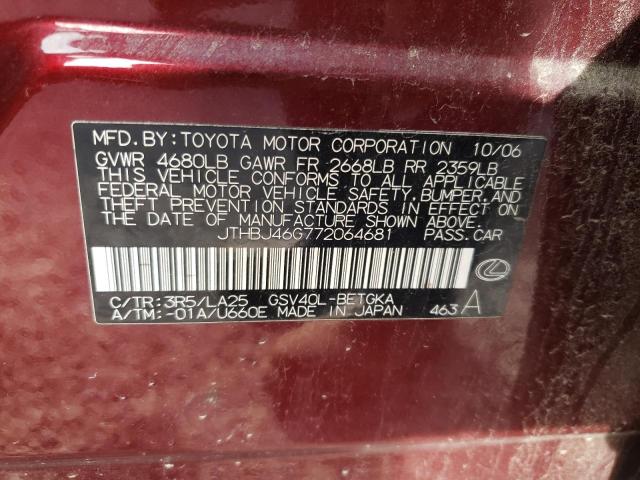 JTHBJ46G772064681 - 2007 LEXUS ES 350 BURGUNDY photo 12