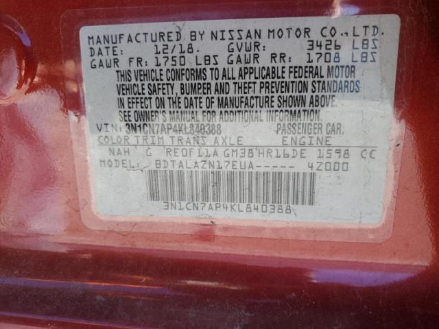 3N1CN7AP4KL840388 - 2019 NISSAN VERSA S RED photo 12