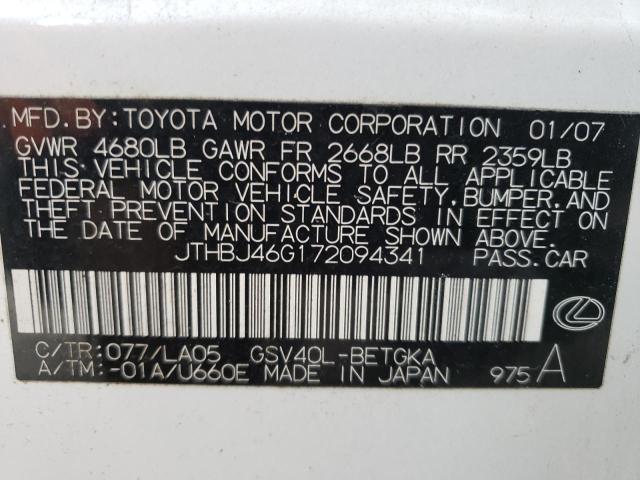 JTHBJ46G172094341 - 2007 LEXUS ES 350 WHITE photo 13