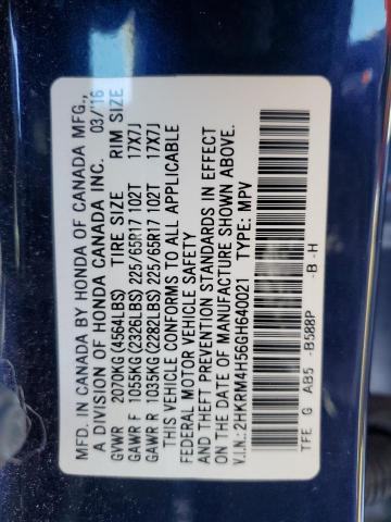 2HKRM4H56GH640021 - 2016 HONDA CR-V EX BLUE photo 12