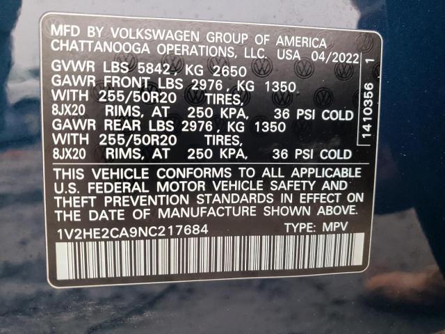 1V2HE2CA9NC217684 - 2022 VOLKSWAGEN ATLAS CROS Синий фото 13