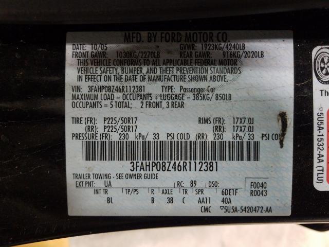 3FAHP08Z46R112381 - 2006 FORD FUSION SEL  photo 10