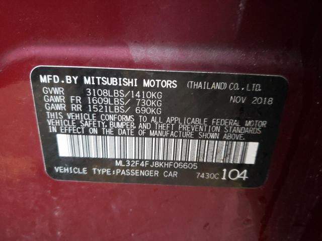 ML32F4FJ8KHF06605 - 2019 MITSUBISHI MIRAGE G4 SE BURGUNDY photo 12