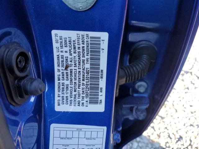 19XFC2F81LE014821 - 2020 HONDA CIVIC SPORT BLUE photo 12