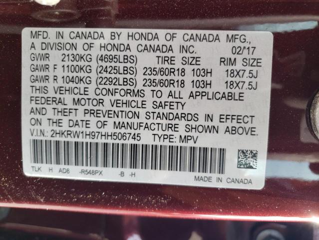 2HKRW1H97HH506745 - 2017 HONDA CR-V TOURING BURGUNDY photo 13