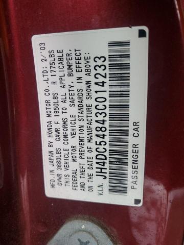 JH4DC54843C014233 - 2003 ACURA RSX BURGUNDY photo 12