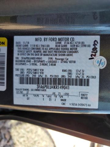 3FA6P0LU4KR149041 - 2019 FORD FUSION SE SILVER photo 12