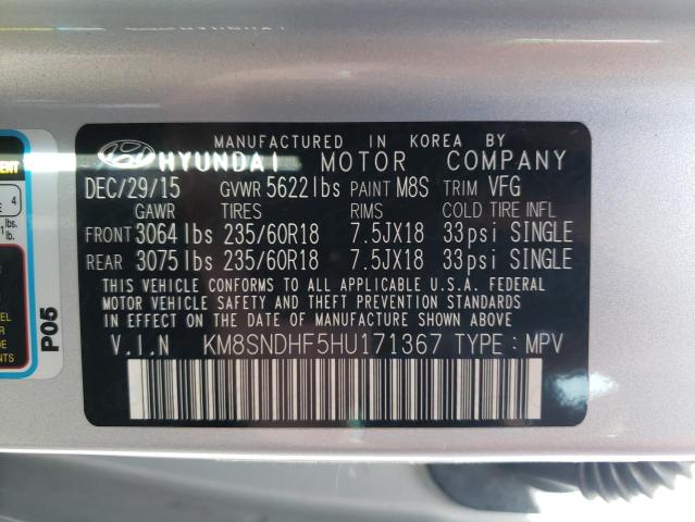 KM8SNDHF5HU171367 - 2017 HYUNDAI SANTA FE SE SILVER photo 13