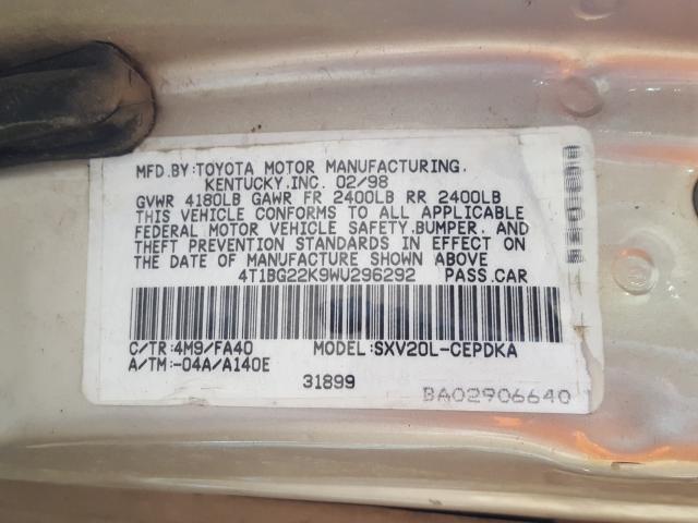 4T1BG22K9WU296292 - 1998 TOYOTA CAMRY CE  photo 10