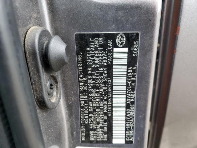 4T1B11HK1JU642637 - 2018 TOYOTA CAMRY L GRAY photo 12