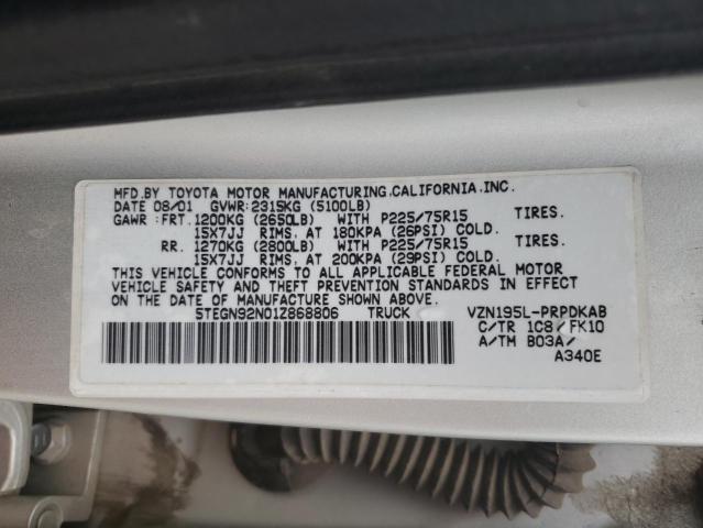 5TEGN92N01Z868806 - 2001 TOYOTA TACOMA DOUBLE CAB PRERUNNER SILVER photo 12