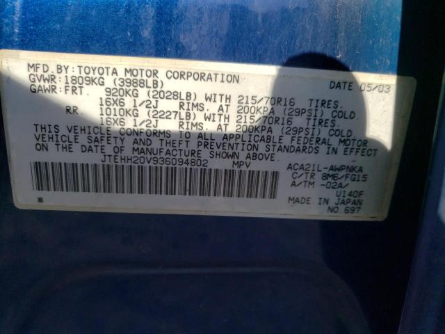 JTEHH20V936094802 - 2003 TOYOTA RAV4 BLUE photo 13