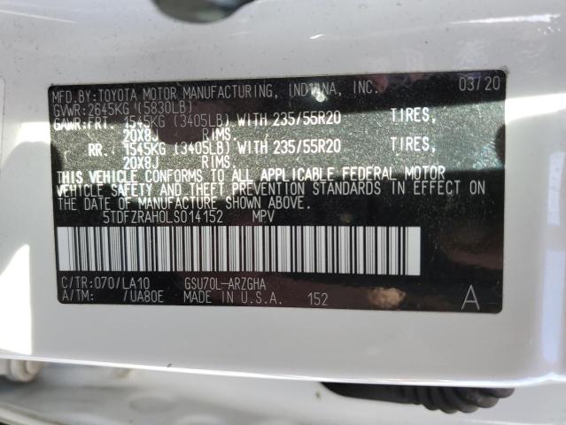 5TDFZRAH0LS014152 - 2020 TOYOTA HIGHLANDER PLATINUM WHITE photo 13