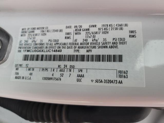 1FMCU0G6XLUC14840 - 2020 FORD ESCAPE SE WHITE photo 13