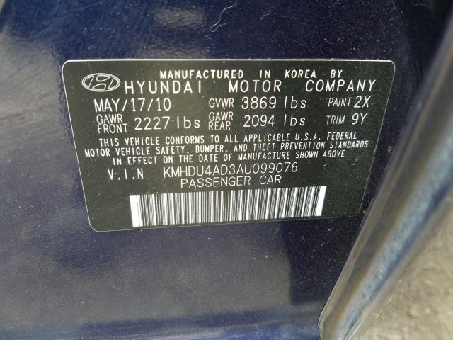 KMHDU4AD3AU099076 - 2010 HYUNDAI ELANTRA BLUE  photo 10