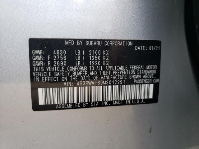 4S3BWAF60M3012291 - 2021 SUBARU LEGACY PRE SILVER photo 12