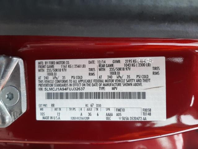 5LMCJ1A94FUJ32637 - 2015 LINCOLN MKC RED photo 13