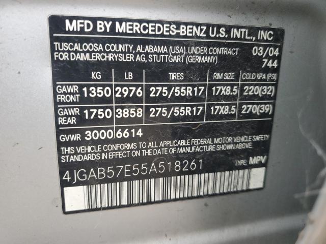 4JGAB57E55A518261 - 2005 MERCEDES-BENZ ML 350 SILVER photo 13