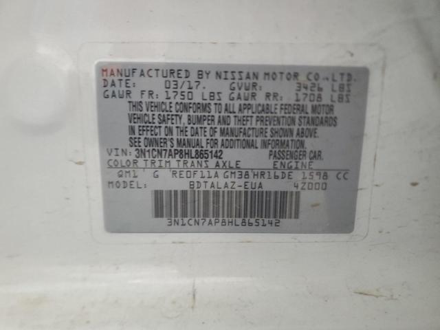 3N1CN7AP8HL865142 - 2017 NISSAN VERSA S WHITE photo 13