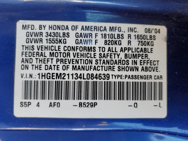 1HGEM21134L084639 - 2004 HONDA CIVIC DX VP Mavi foto 12