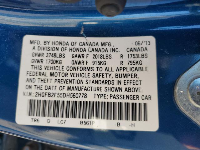 2HGFB2F55DH560778 - 2013 HONDA CIVIC LX BLUE photo 12