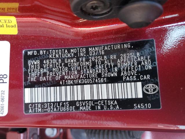 4T1BK1FK3GU574561 - 2016 TOYOTA CAMRY XSE RED photo 12