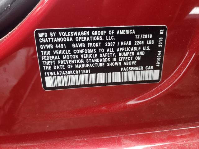1VWLA7A30KC011591 - 2019 VOLKSWAGEN PASSAT WOLFSBURG BURGUNDY photo 10