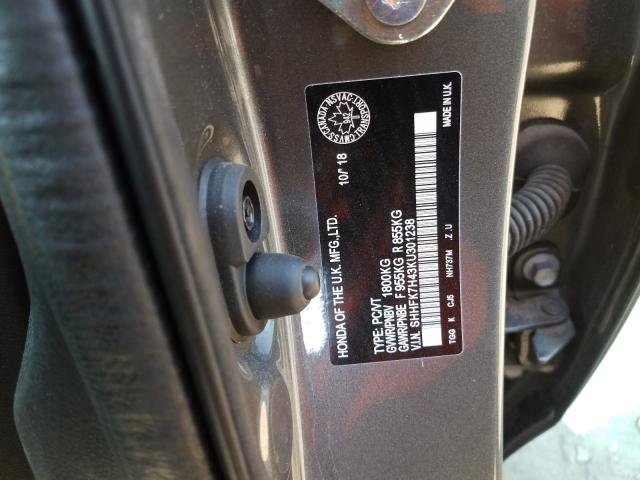 SHHFK7H43KU301238 - 2019 HONDA CIVIC SPORT  照片 10