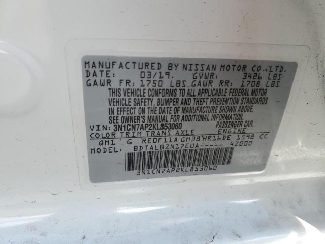 3N1CN7AP2KL853060 - 2019 NISSAN VERSA S WHITE photo 12