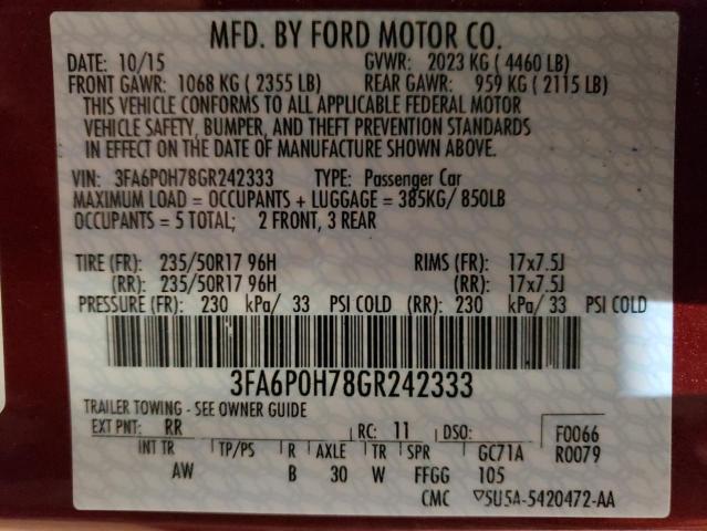 3FA6P0H78GR242333 - 2016 FORD FUSION SE RED photo 12