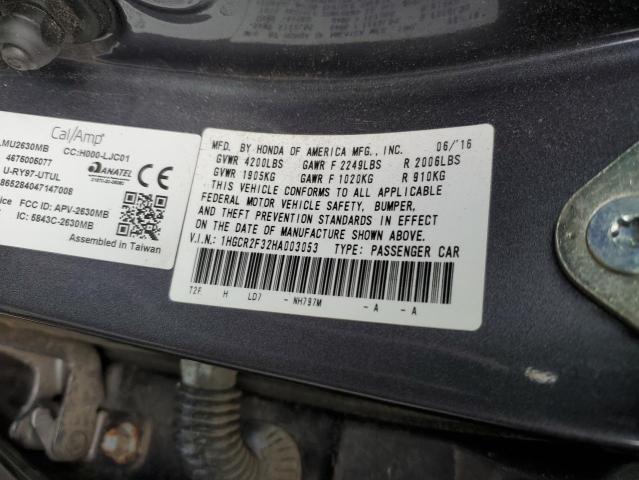 1HGCR2F32HA003053 - 2017 HONDA ACCORD LX GRAY photo 12