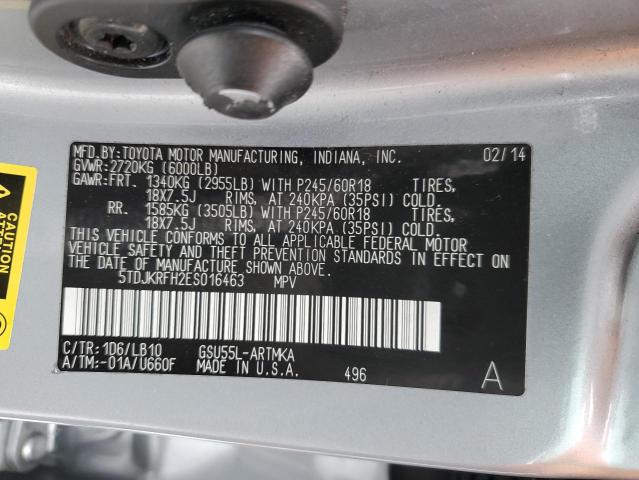 5TDJKRFH2ES016463 - 2014 TOYOTA HIGHLANDER XLE SILVER photo 13