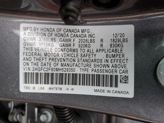 2HGFC2F80MH529350 - 2021 HONDA CIVIC SPORT 石墨色 照片 12