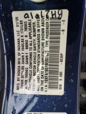 19XFA16519E007625 - 2009 HONDA CIVIC LX BLUE photo 13