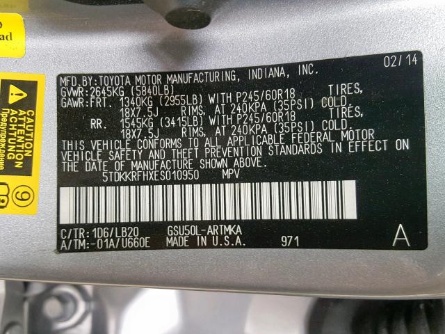 5TDKKRFHXES010950 - 2014 TOYOTA HIGHLANDER XLE  ფოტო 10