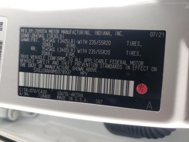 5TDJZRAHXMS078937 - 2021 TOYOTA HIGHLANDER XSE WHITE photo 13