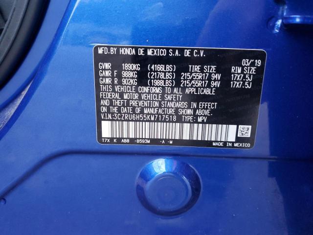 3CZRU6H55KM717518 - 2019 HONDA HR-V EX BLUE photo 12