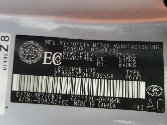 2T1KR32E08C699558 - 2008 TOYOTA COROLLA MA XR SILVER photo 12