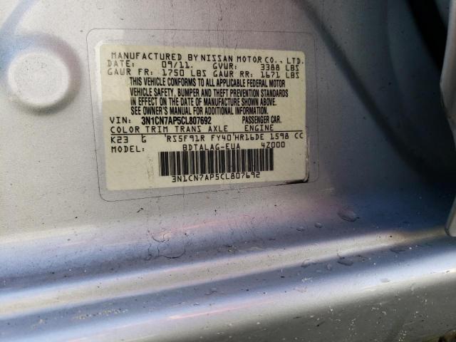 3N1CN7AP5CL807692 - 2012 NISSAN VERSA S SILVER photo 13