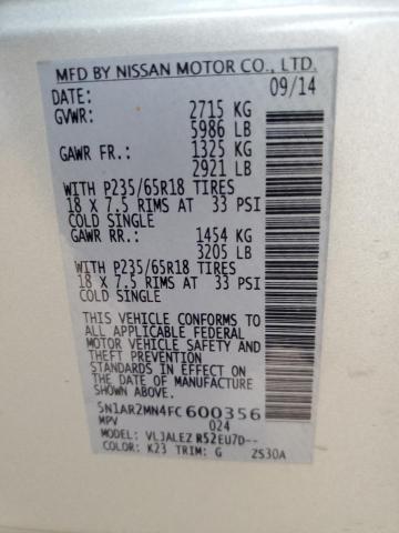 5N1AR2MN4FC600356 - 2015 NISSAN PATHFINDER S SILVER photo 13