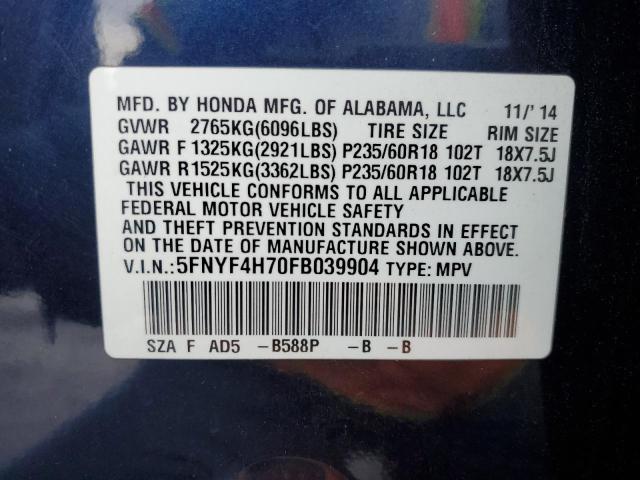 5FNYF4H70FB039904 - 2015 HONDA PILOT EXLN BLUE photo 14