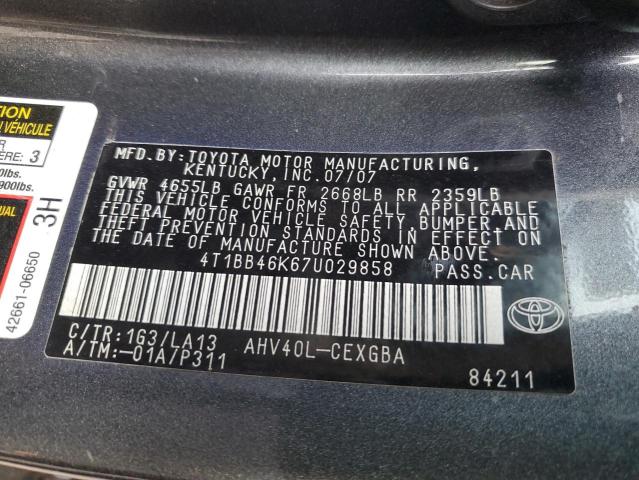 4T1BB46K67U029858 - 2007 TOYOTA CAMRY HYBRID GRAY photo 12