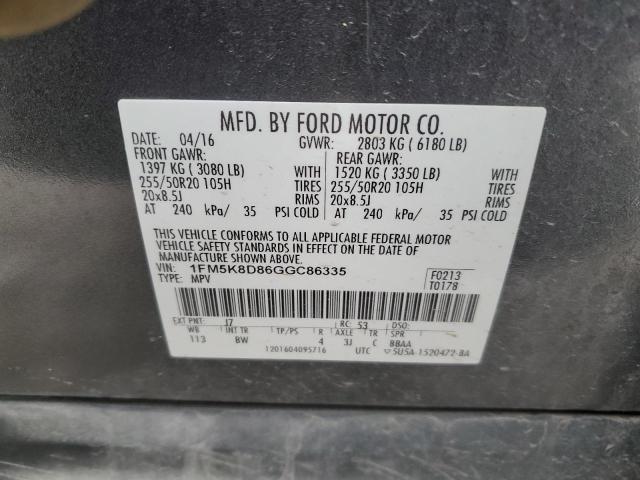 1FM5K8D86GGC86335 - 2016 FORD EXPLORER XLT GRAY photo 14